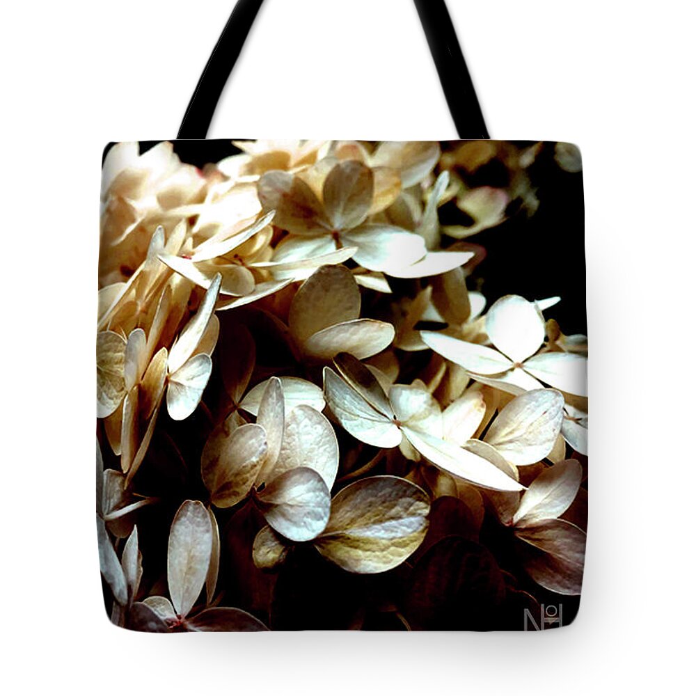 Hydrangea Tote Bag featuring the digital art Hydrangea in Sepia by Nancy Olivia Hoffmann