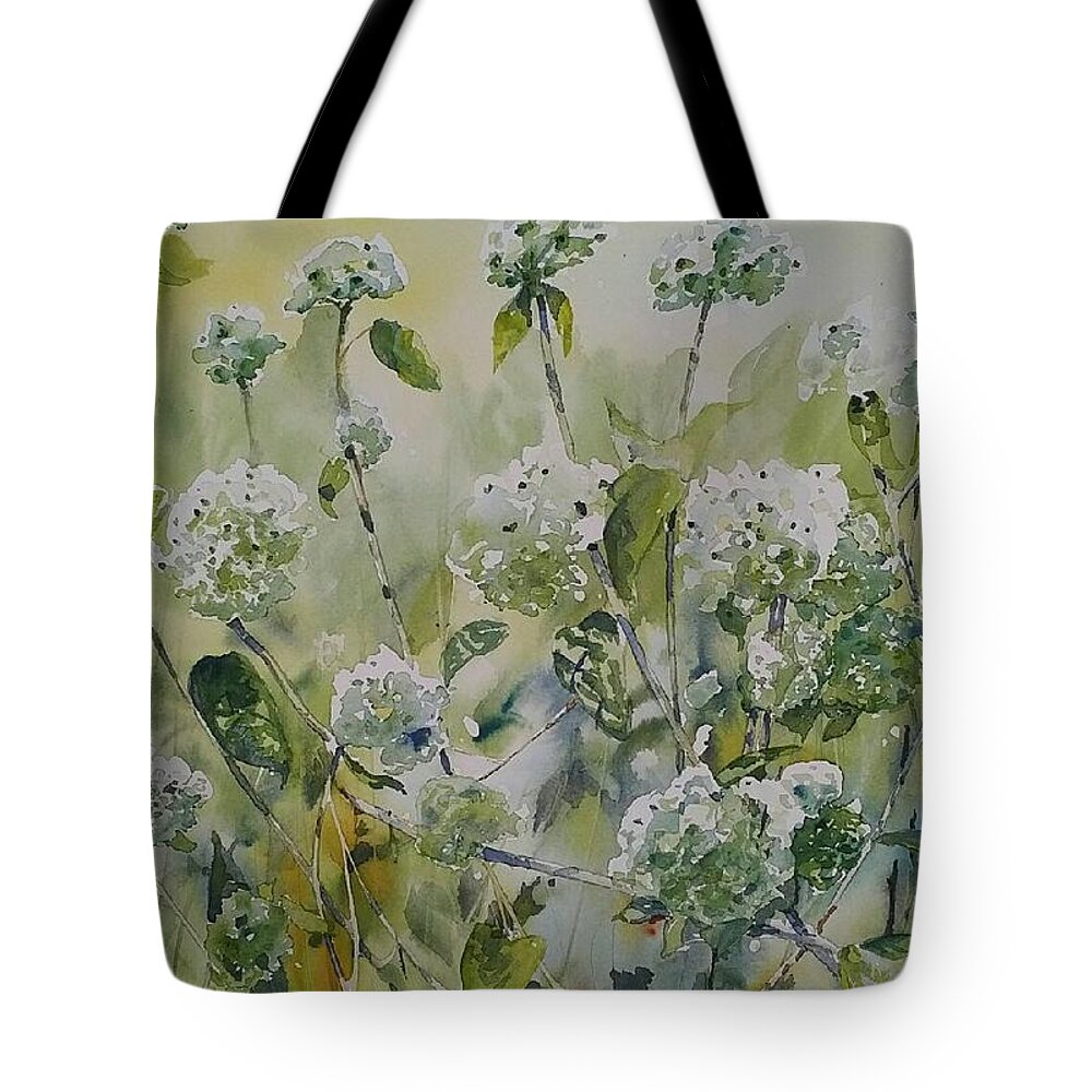 Rustic Garden Tote Bag featuring the painting Hydrangeas by Sheila Romard