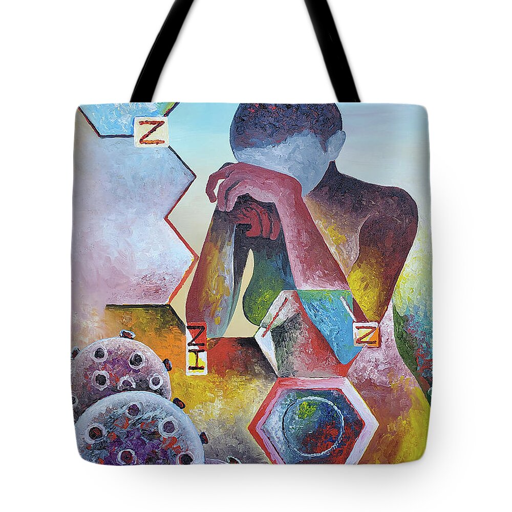 Covid-19 Tote Bag featuring the painting Hydroxychloroquine - The Covid-19 Debacle by Obi-Tabot Tabe