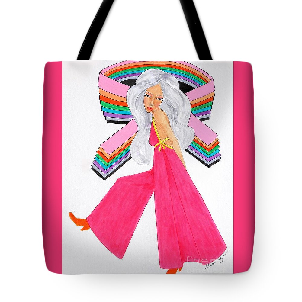 Fierce Tote Bag featuring the drawing I KICKED Cancer --Fierce Females Series by Jayne Somogy