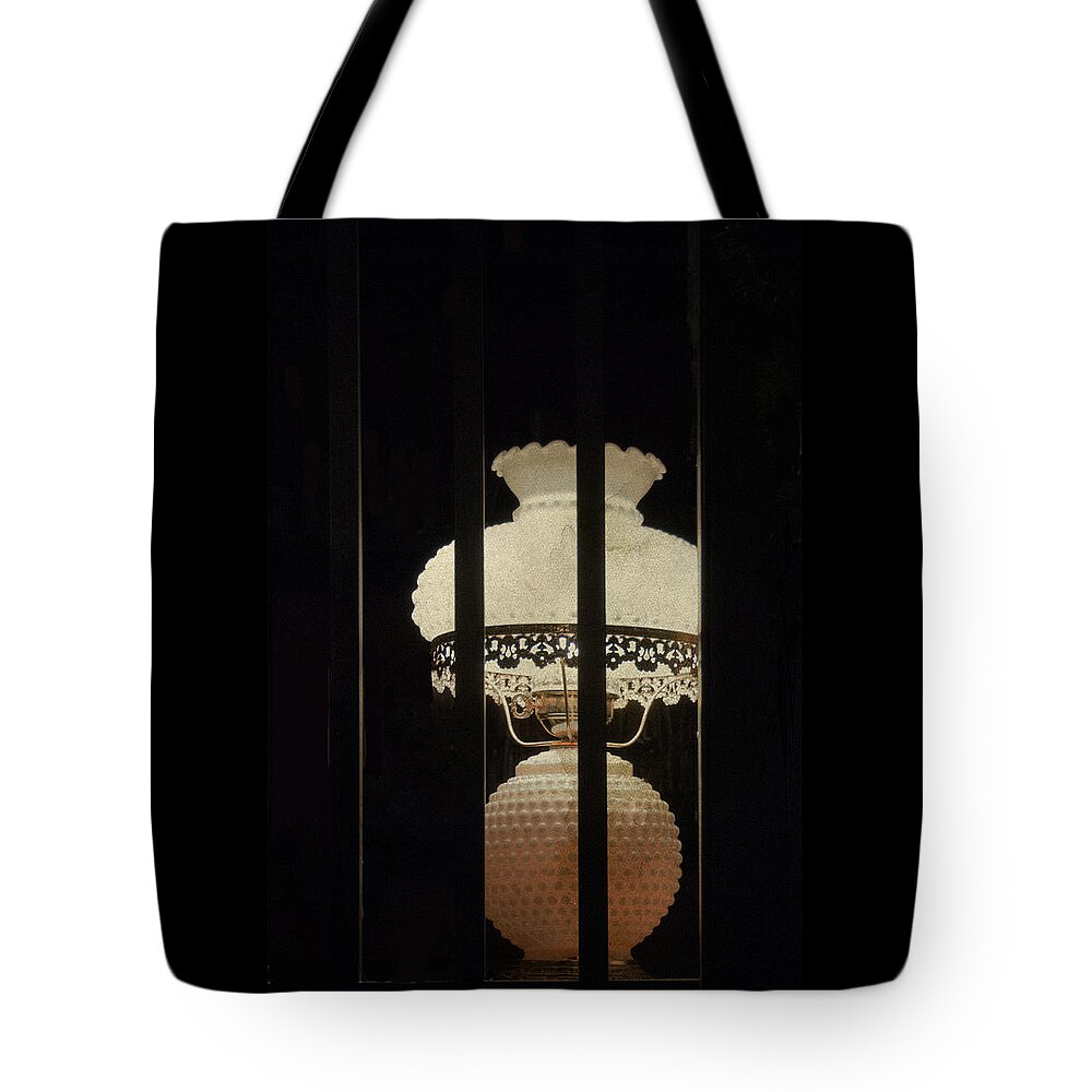 Lamp Tote Bag featuring the mixed media I Leave a Light On by Moira Law