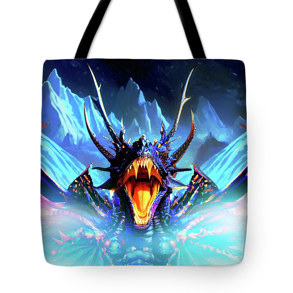 Monster Tote Bag featuring the mixed media Ice dragon ROARS by Shawn Dall
