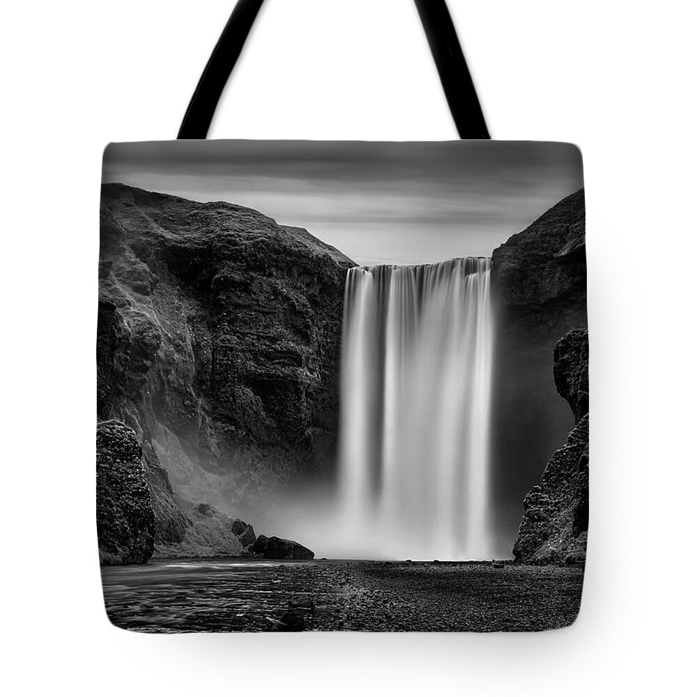 Iceland Tote Bag featuring the photograph Iceland - Skogafoss in black and white by Olivier Parent