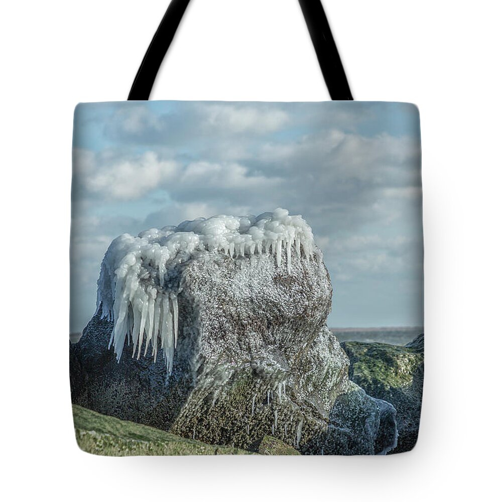 Coney Island Tote Bag featuring the photograph Icicle Covered Boulder by Cate Franklyn