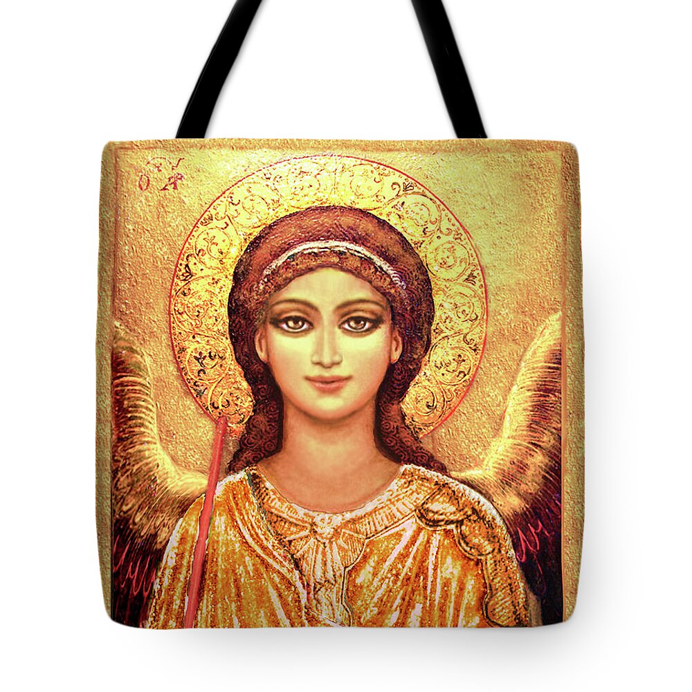 Christian Icons Print Tote Bag featuring the mixed media Icon Archangel Gabriel by Ananda Vdovic