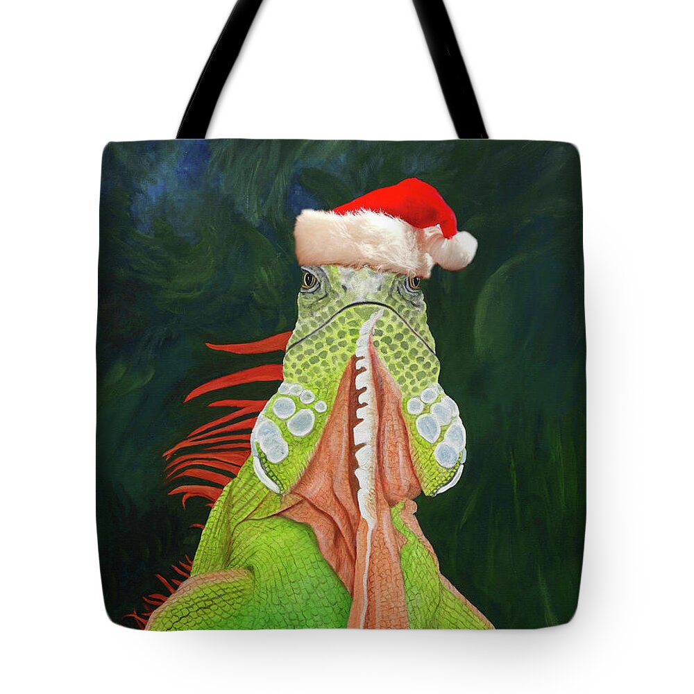 Karen Zuk Rosenblatt Tote Bag featuring the painting Iguana in Santa Hat by Karen Zuk Rosenblatt