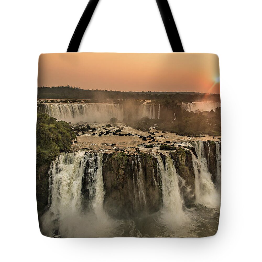 Waterfall Tote Bag featuring the photograph Iguazu Sunset by Linda Villers