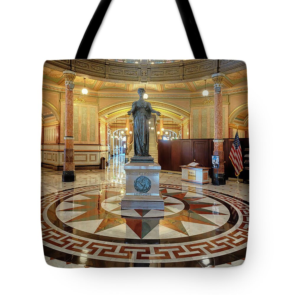 Illinois State Capitol Tote Bag featuring the photograph Illinois State Capitol - Illinois Welcoming the World Statue by Susan Rissi Tregoning