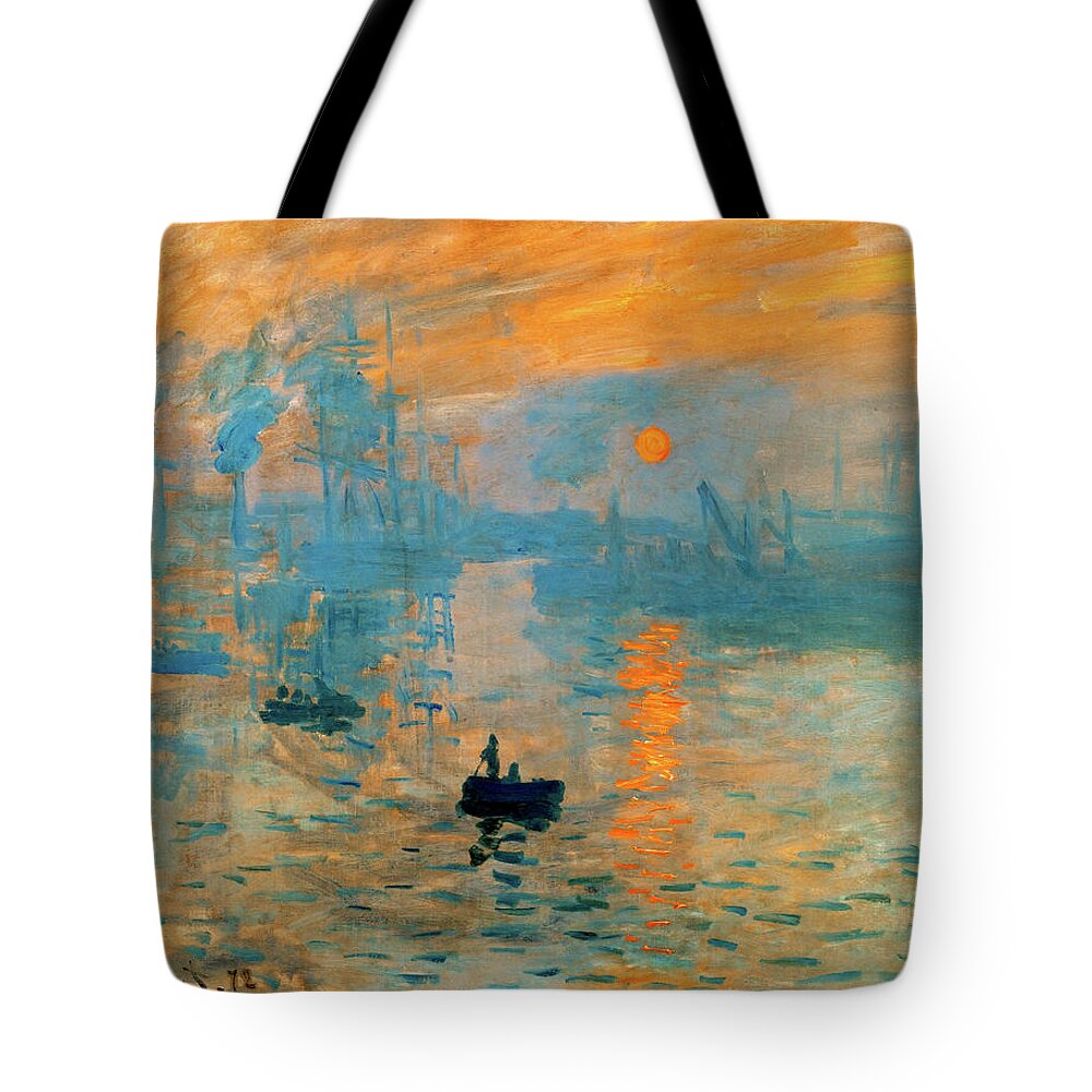 Claude Monet Tote Bag featuring the digital art Impression, Sunrise - Impression, soleil levant - blue and orange digital recreation by Nicko Prints