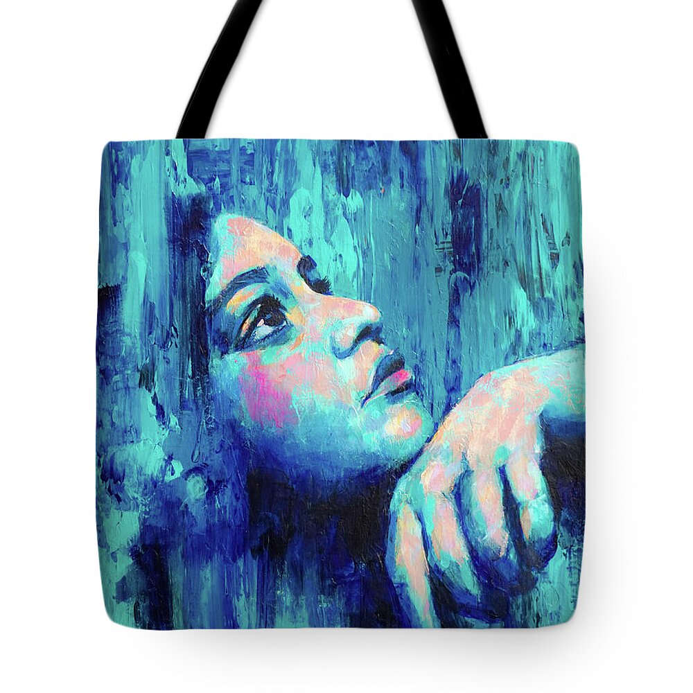 Bold Portrait Painting Tote Bag featuring the painting In and Out of Blues by Luzdy Rivera
