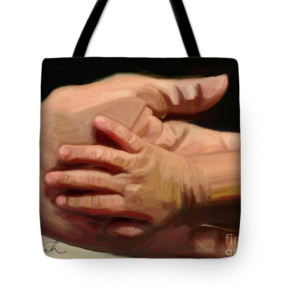 Hand In Hand Tote Bag featuring the digital art In Grandmas Hand by D Powell-Smith