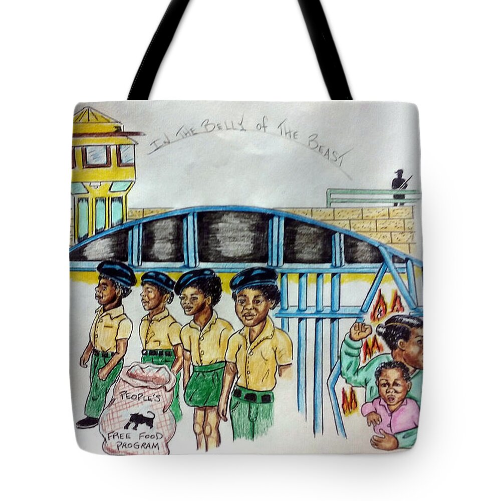 Black Art Tote Bag featuring the drawing In the Belly of the Beast by Joedee