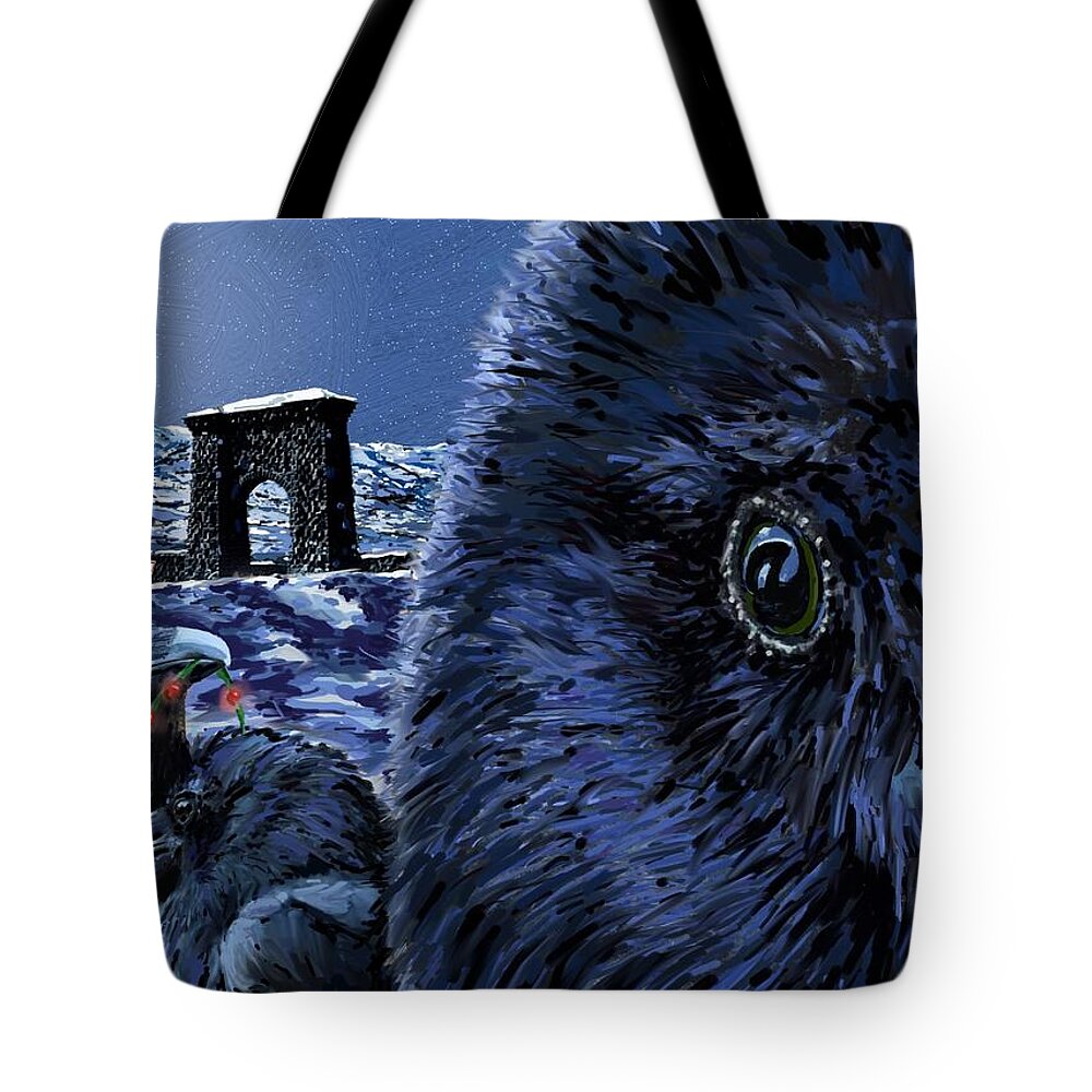 Raven Christmas Cards Tote Bag featuring the digital art In the Eye of the Raven, For the Benefit and Enjoyment of the People by Les Herman