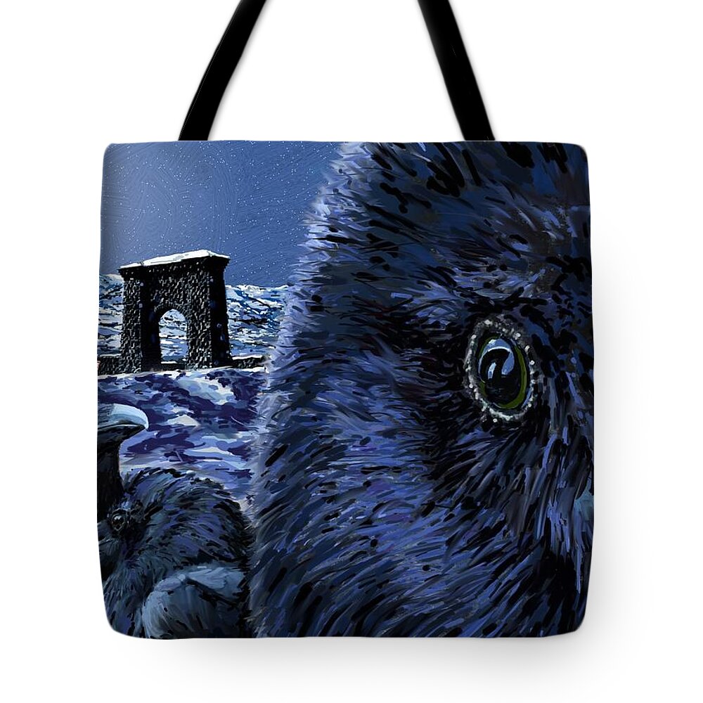 Raven Tote Bag featuring the digital art In the Eye of the Raven by Les Herman