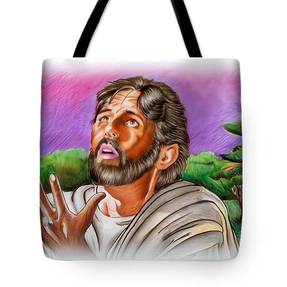 Jesus Tote Bag featuring the drawing In The Garden by Bill Richards