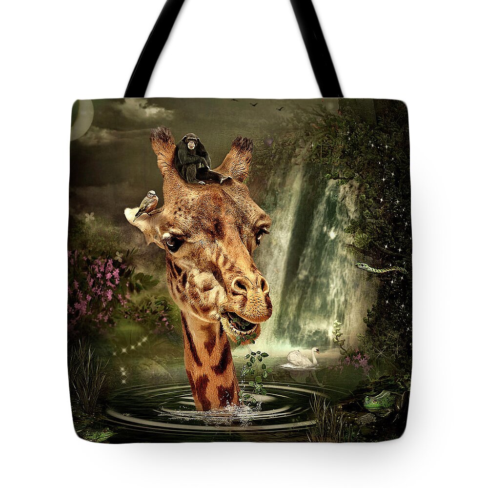 Giraffe Tote Bag featuring the digital art In the Lake by Maggy Pease
