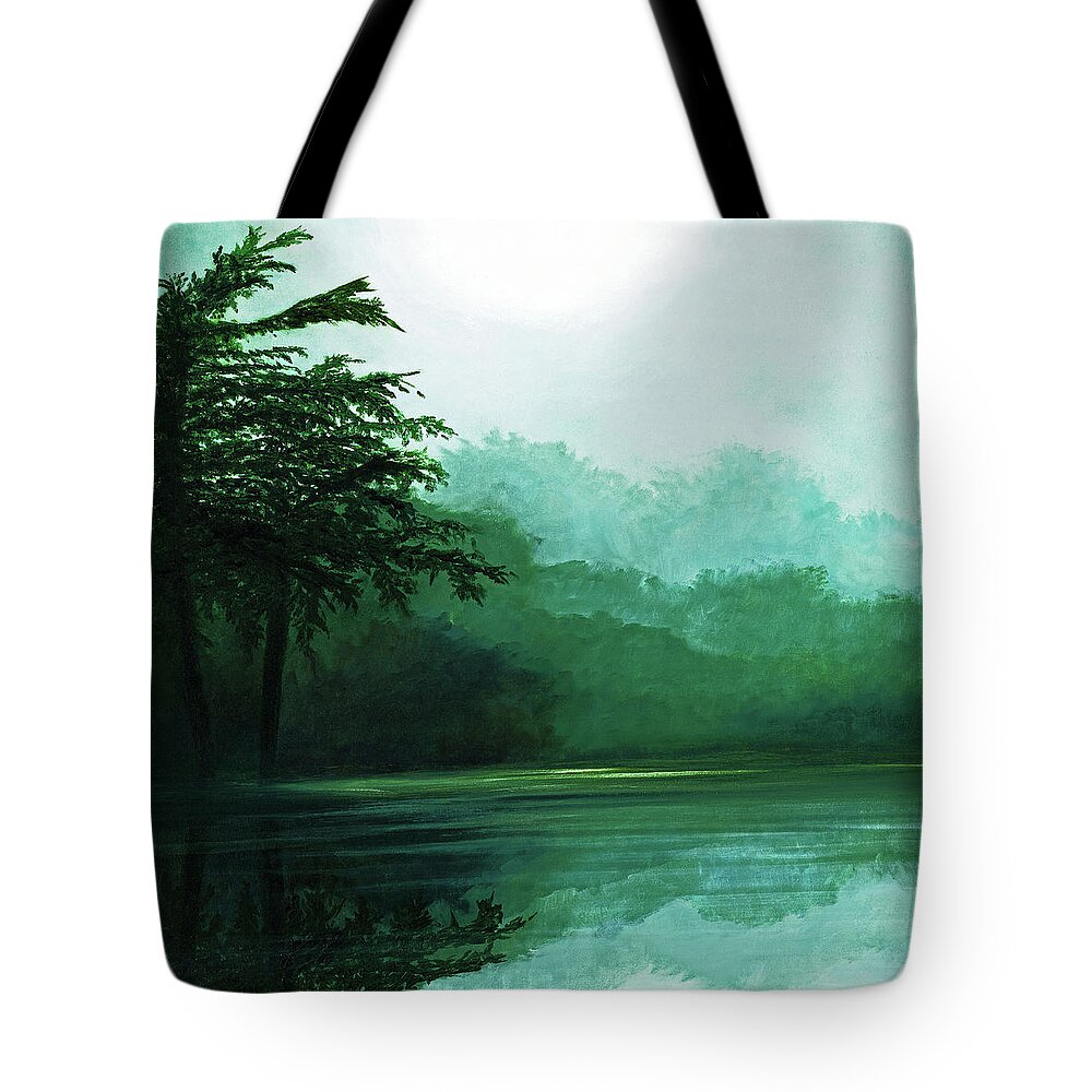 Boats In The Mist Tote Bag featuring the painting IN THE MISTY MORNING Prints-Decor-More - view 2 of 32 by Mary Grden