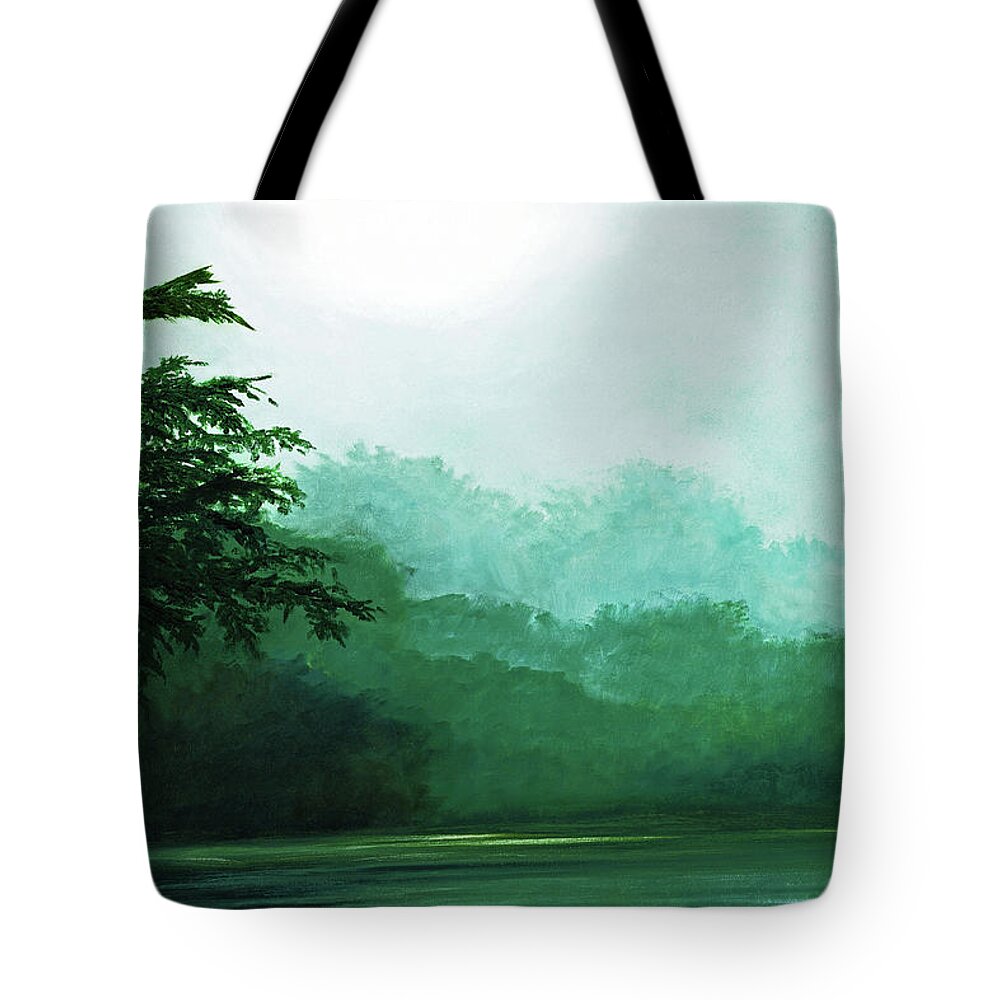 Boats In The Mist Tote Bag featuring the painting IN THE MISTY MORNING-Prints-Decor-More-3 by Mary Grden