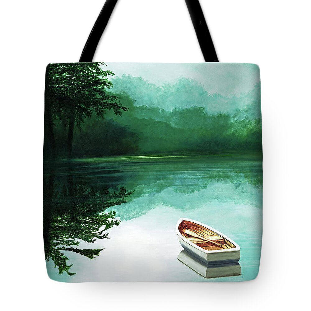 Boats In The Mist Tote Bag featuring the painting IN THE MISTY MORNING -prints of oil painting by Mary Grden