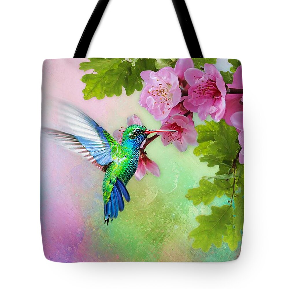 Hummingbird Tote Bag featuring the mixed media In the Pink by Morag Bates