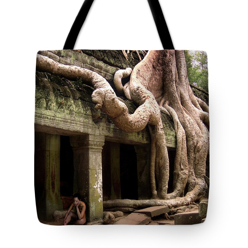 Nude Tote Bag featuring the photograph In the Ruins of Ta Prohm by Mark Gomez