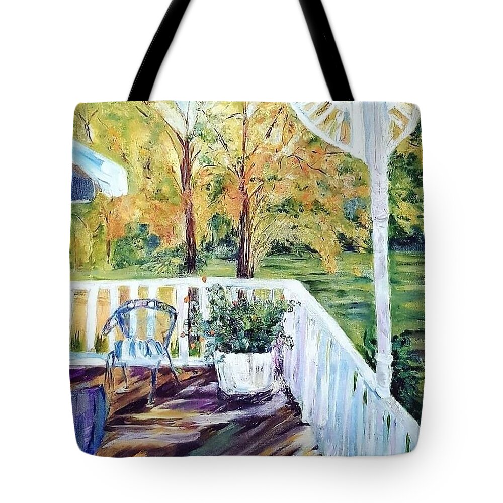 Landscapes Tote Bag featuring the painting Indian Creek by Julie TuckerDemps
