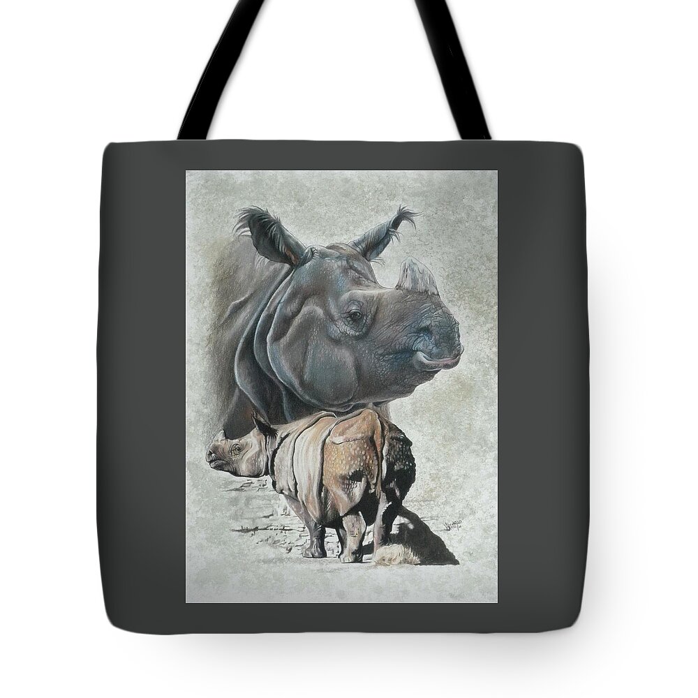 Rhino Tote Bag featuring the mixed media Vulnerable by Barbara Keith