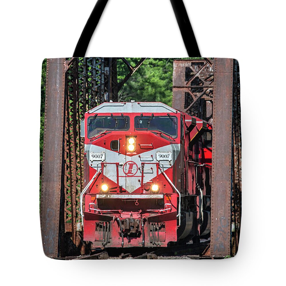 Railroad Tote Bag featuring the photograph Indiana Railroad 9007 crosses over the Wabash River by Jim Pearson