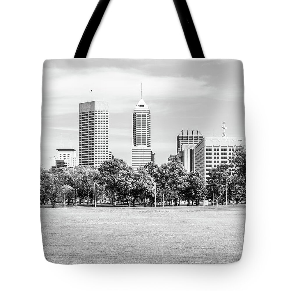 2013 Tote Bag featuring the photograph Indianapolis Skyline and Military Park Black and White Photo by Paul Velgos