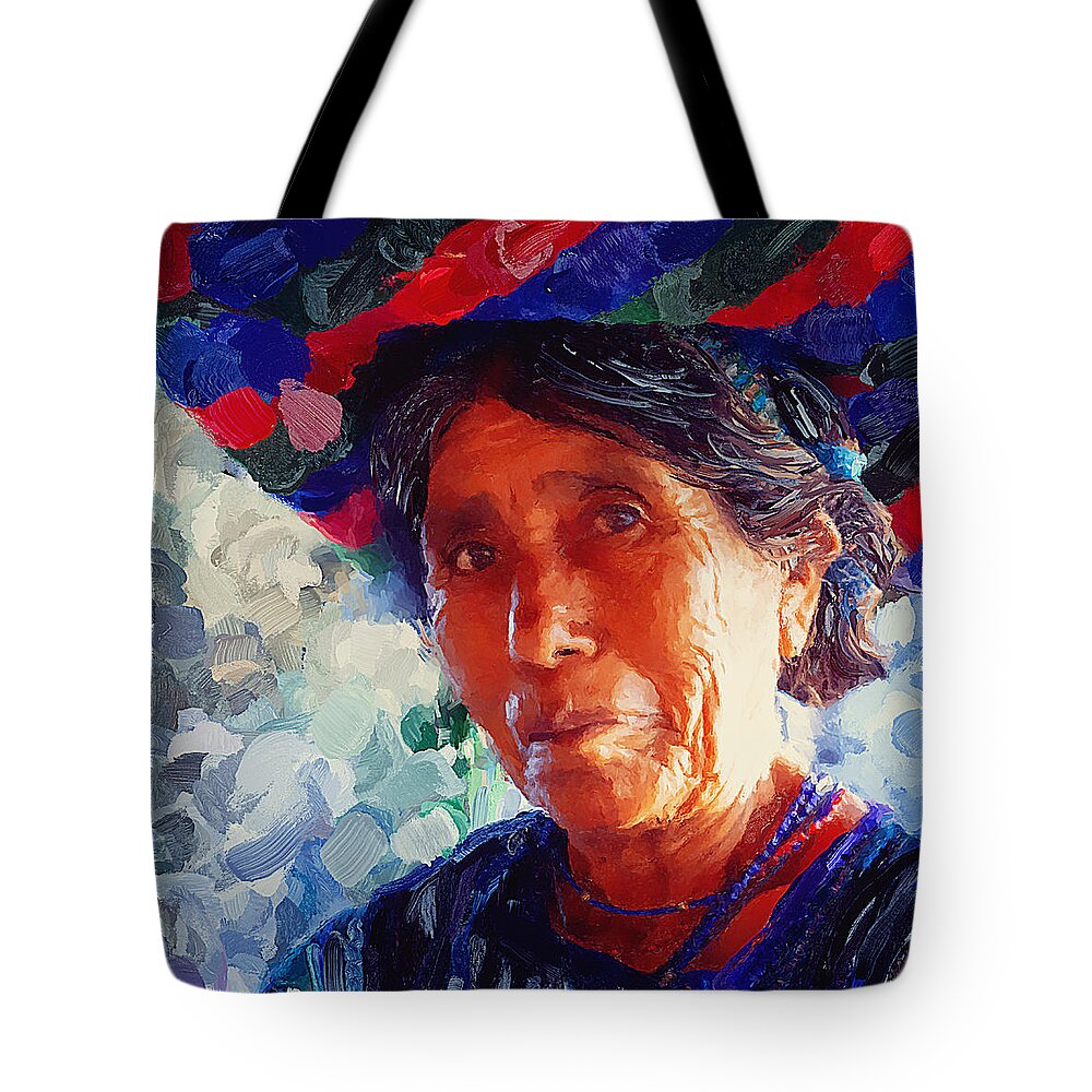 Portrait Tote Bag featuring the mixed media Indigenous craft vendor portrait Guatemala by Tatiana Travelways