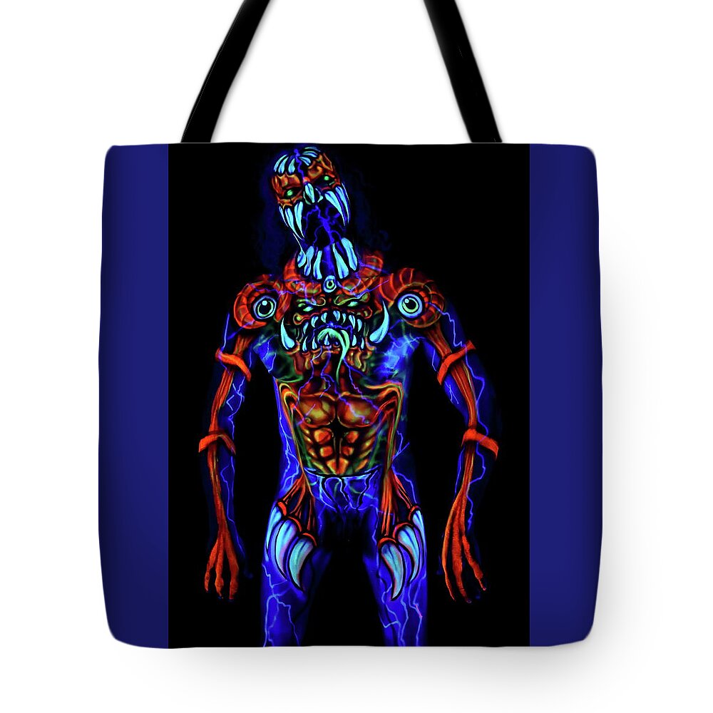 Uv-neon Tote Bag featuring the photograph Indignation by Angela Rene Roberts and Cully Firmin