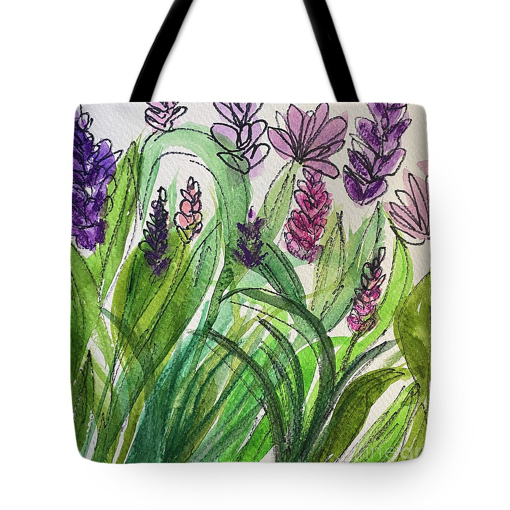 Purple Tote Bag featuring the mixed media Ink and Wash Flowers by Lisa Neuman