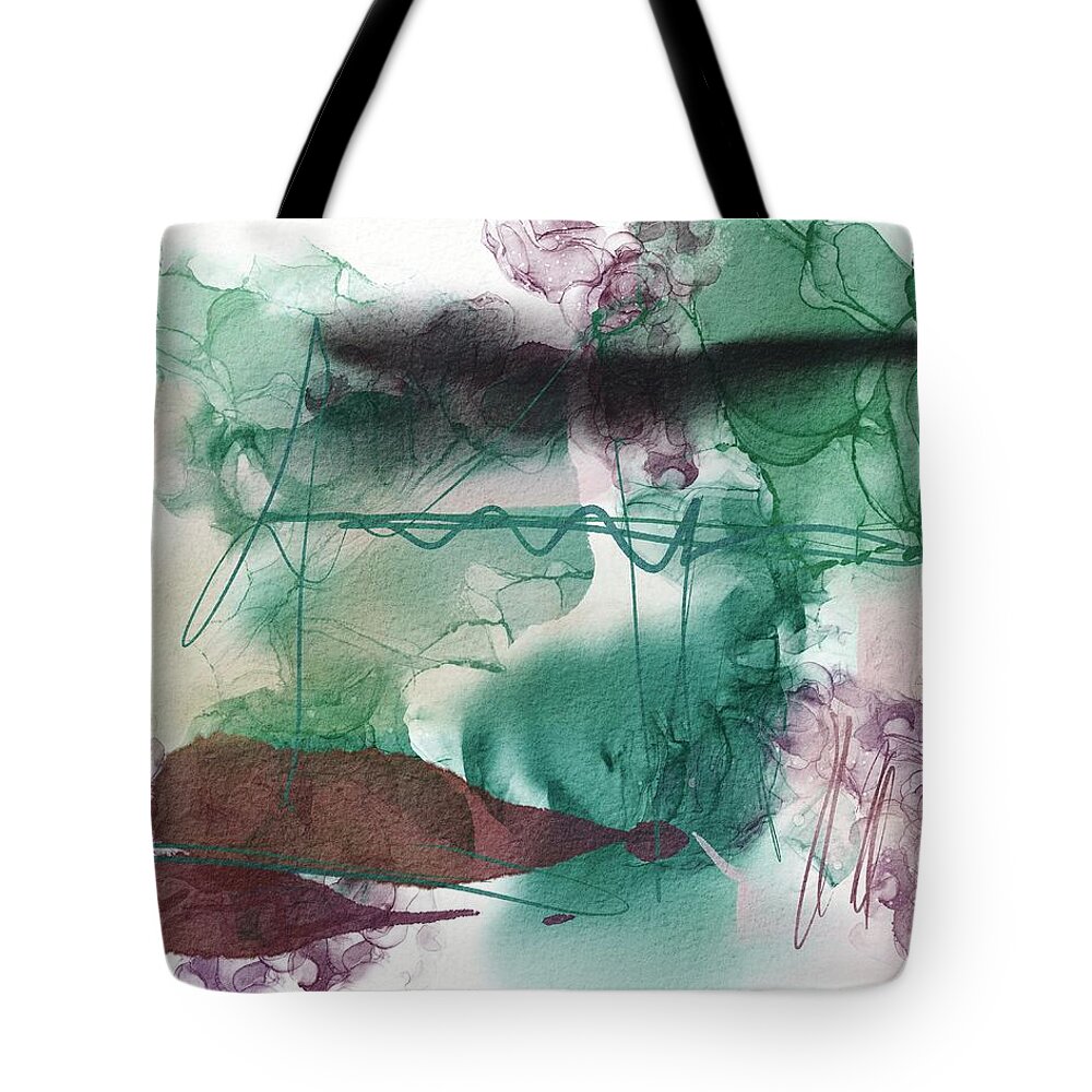 Inky Tote Bag featuring the painting Inky new purple and green abstract by Itsonlythemoon