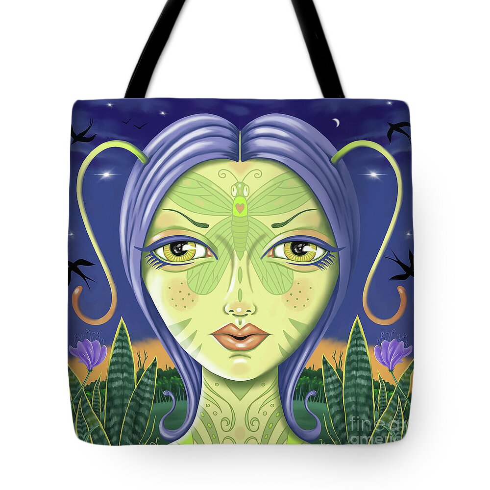Whimsical Tote Bag featuring the digital art Insect Girl, Antennette with Spider Plants by Valerie White