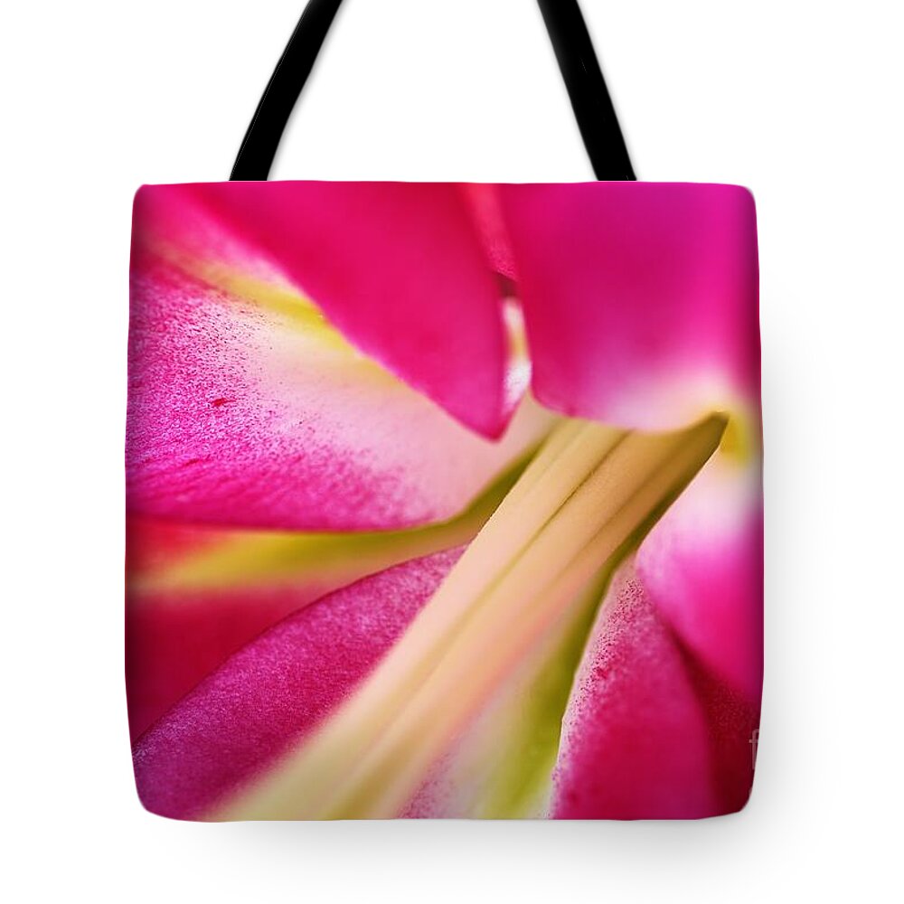 Lily Tote Bag featuring the photograph Inside Hot Pink Lily by Joy Watson
