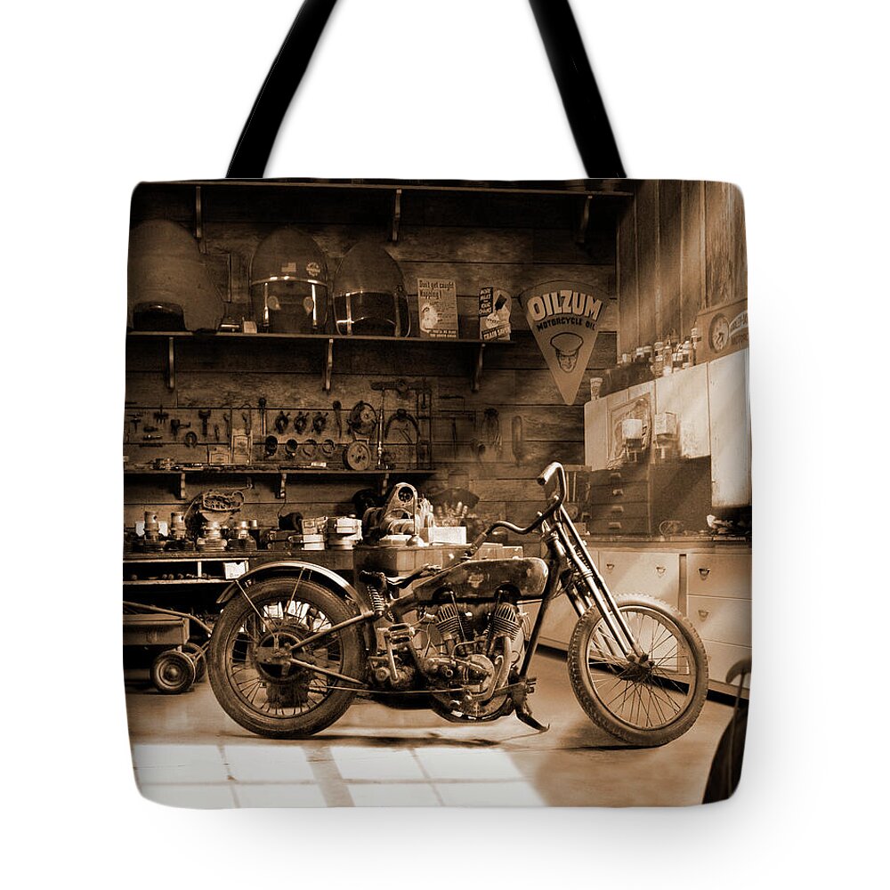 Motorcycle Tote Bag featuring the photograph Inside the Old Motorcycle Shop 2 E S by Mike McGlothlen