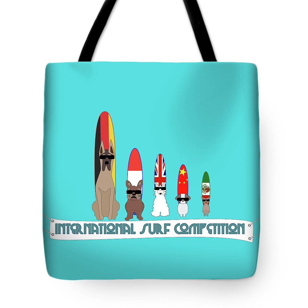 Surf Tote Bag featuring the digital art Funny International Surf Dog Competition by Barefoot Bodeez Art