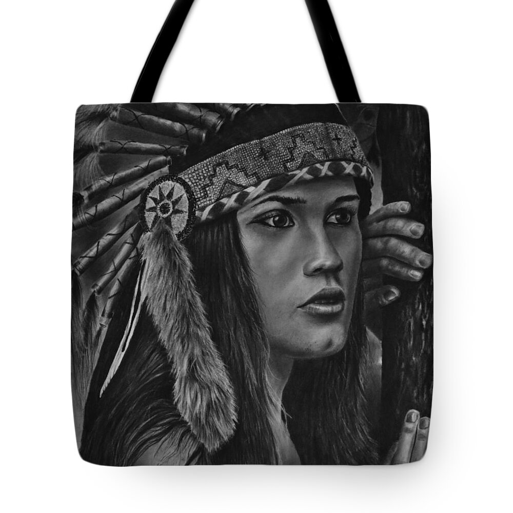 Native Indian Tote Bag featuring the drawing Intrigue by Greg Fox