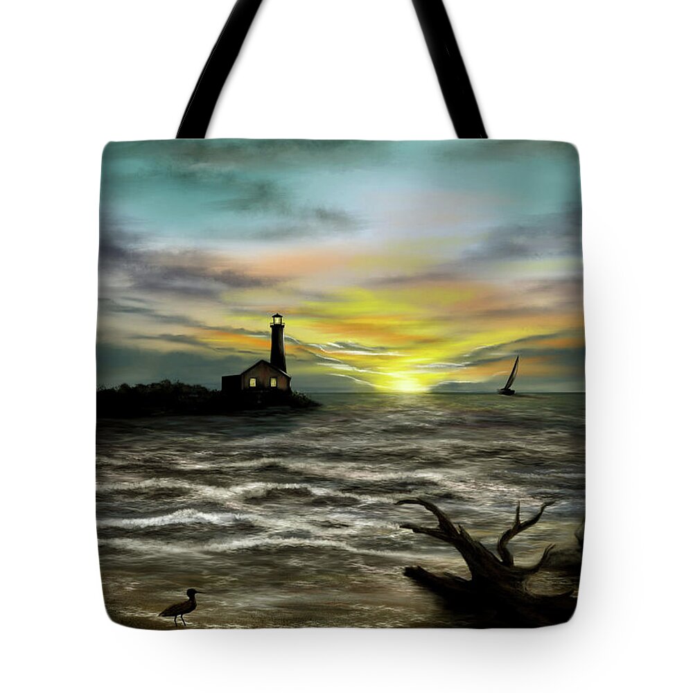 Illustration Tote Bag featuring the digital art IPad Painting - Lighthouse Sunset by Ron Grafe