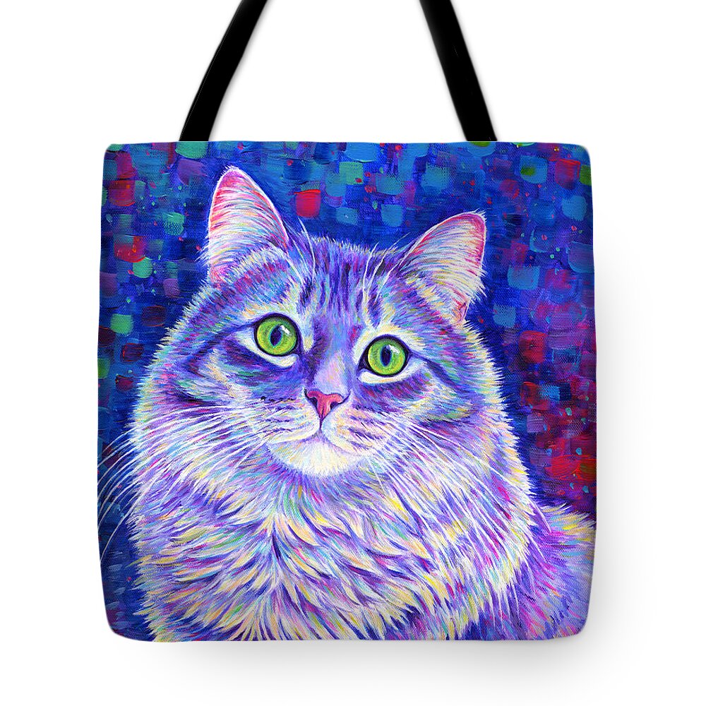 Gray Tabby Tote Bag featuring the painting Iridescence - Colorful Gray Tabby Cat by Rebecca Wang