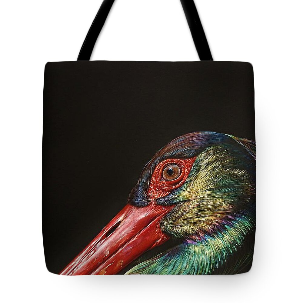 Black Stork Tote Bag featuring the drawing Iridescent beauty - Black Stork by Elena Kolotusha