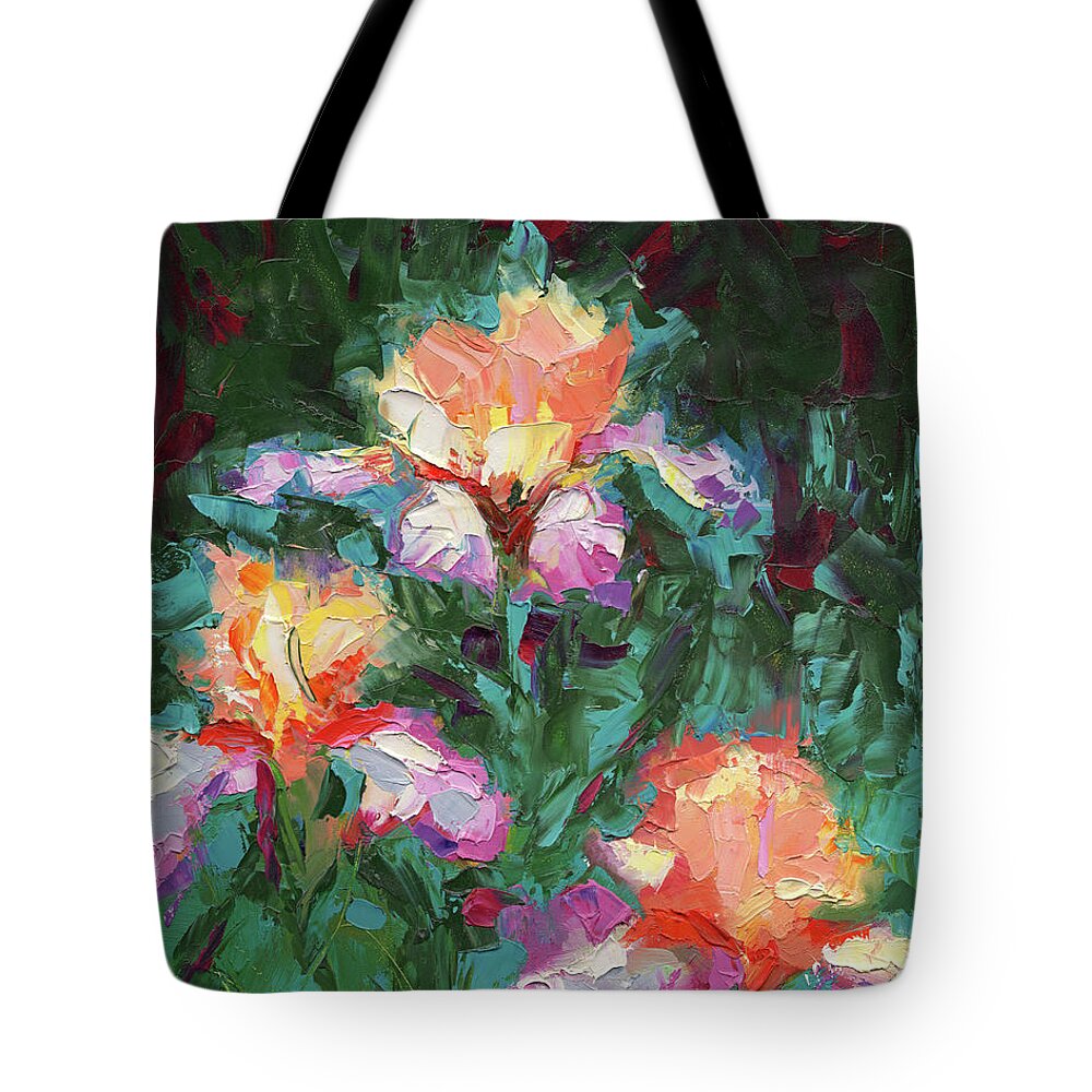 Iris Tote Bag featuring the painting Iris Foxfire - palette knife oil painting by Talya Johnson