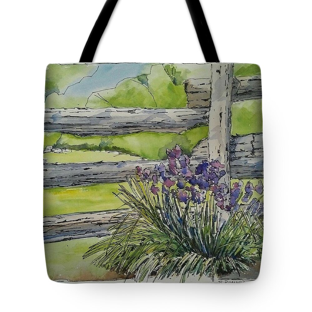 Rustic Garden Tote Bag featuring the painting Irises by Sheila Romard