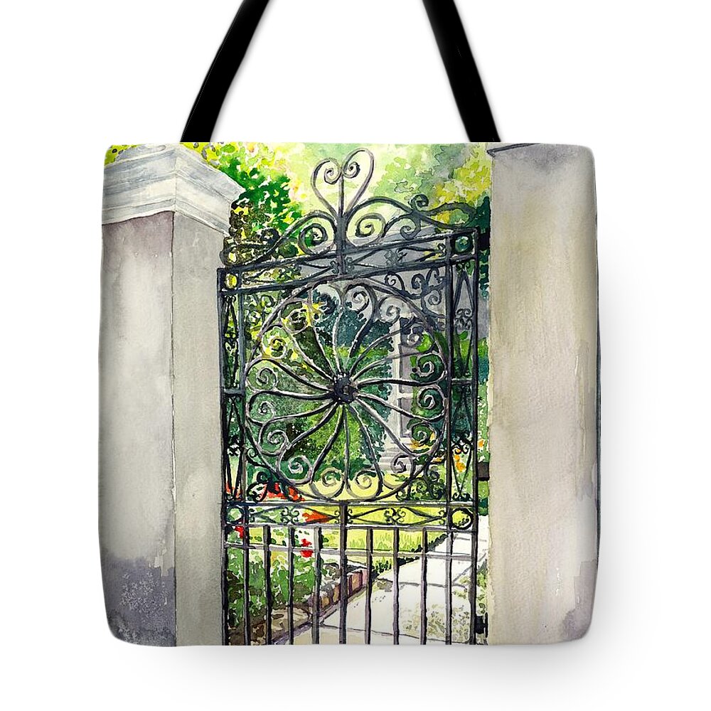 Iron Tote Bag featuring the painting Iron Wheel gate by Merana Cadorette
