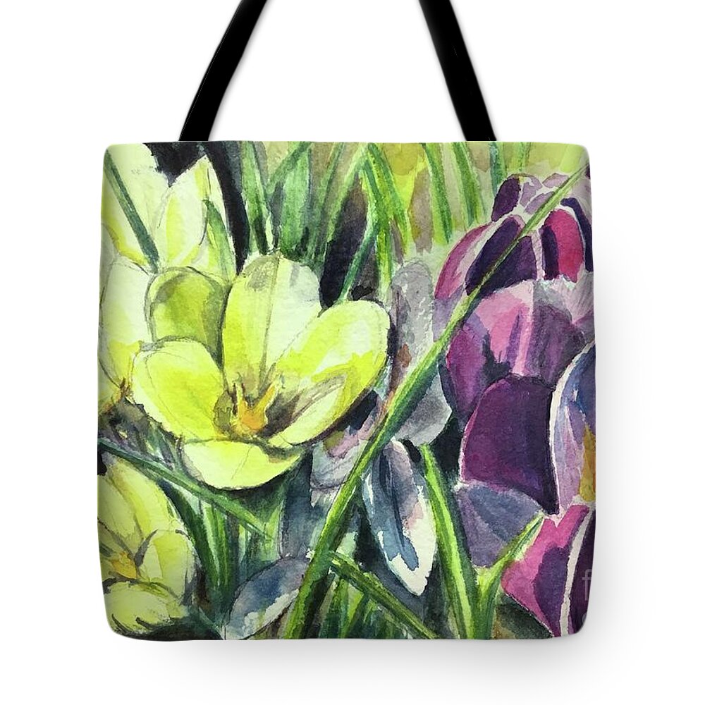 Crocus Tote Bag featuring the painting Is spring near? by Sonia Mocnik