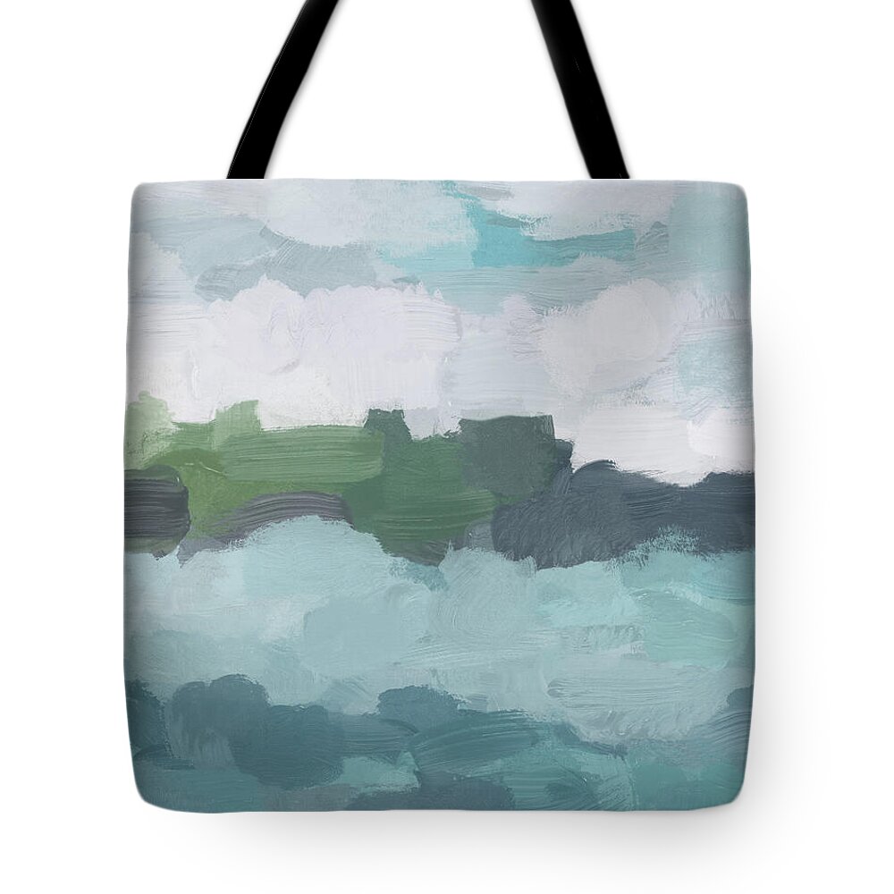 Aqua Blue Green Teal Tote Bag featuring the painting Island in the Distance II by Rachel Elise