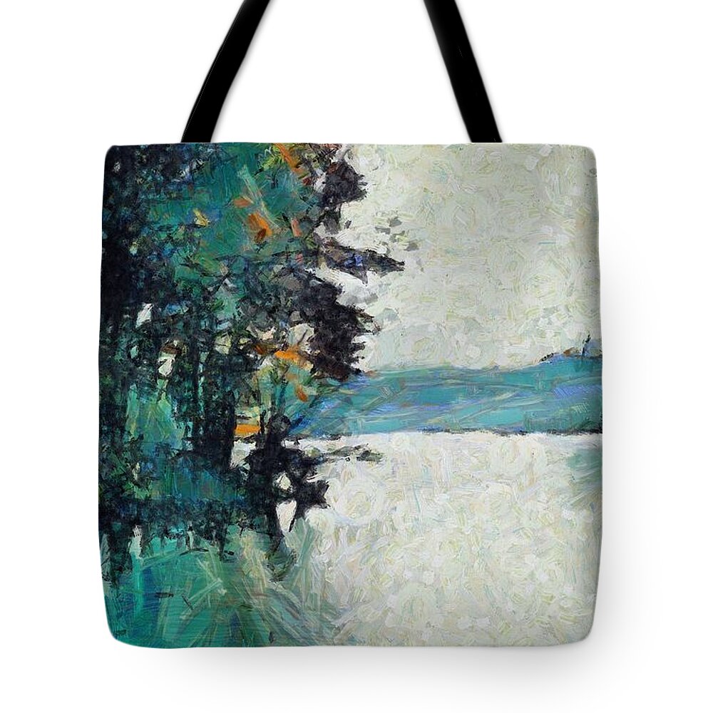 Island Tote Bag featuring the mixed media Island on Lake Arthur by Christopher Reed