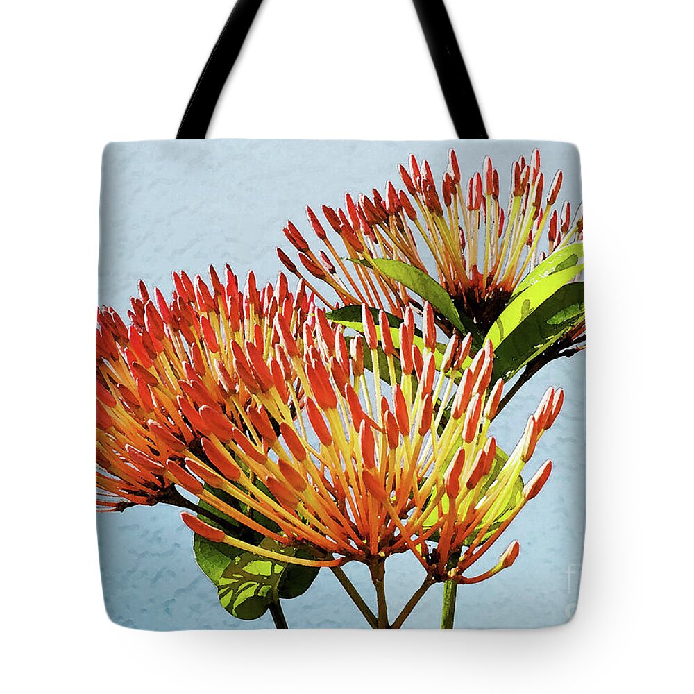 Still Life Tote Bag featuring the mixed media Ixora Blooming in Watercolor by Sharon Williams Eng