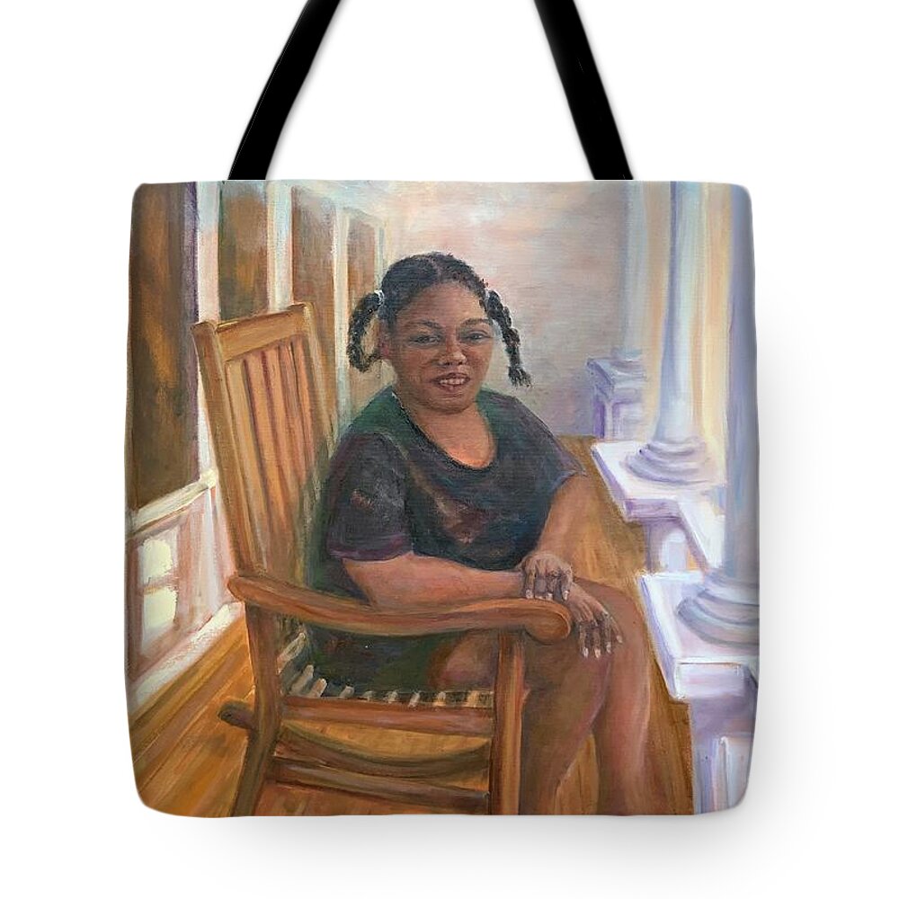 Ala Moana Surf Hotel Tote Bag featuring the painting Jackie on the Front Porch by Margaret Elliott