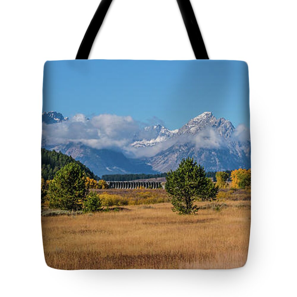 Autumn Tote Bag featuring the photograph Jackson Lake Dam In Autumn by Yeates Photography